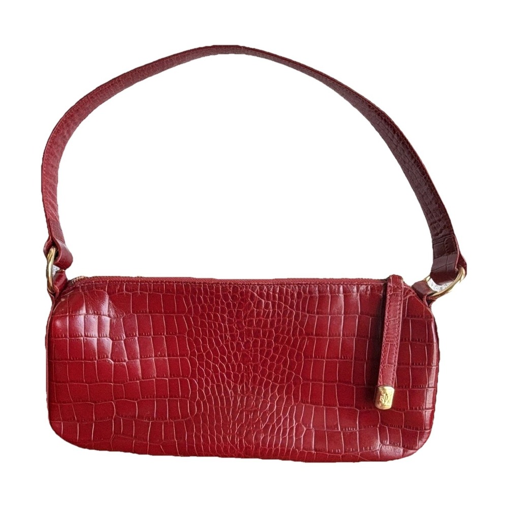 Lauren Ralph Lauren Small Red Crocodile Embossed Shoulder Bag Zip Gold